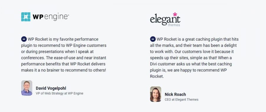 WP Rocket WordPress Plugin testimonials from WP Engine and Elegant Themes