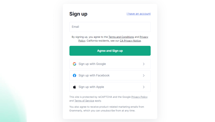 Grammarly Signup Form