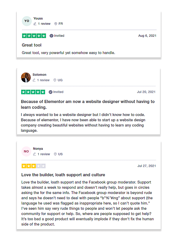 Elementor Review on Trustpilot