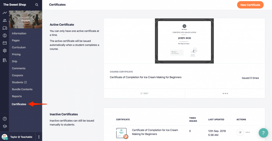 Teachable course certificates