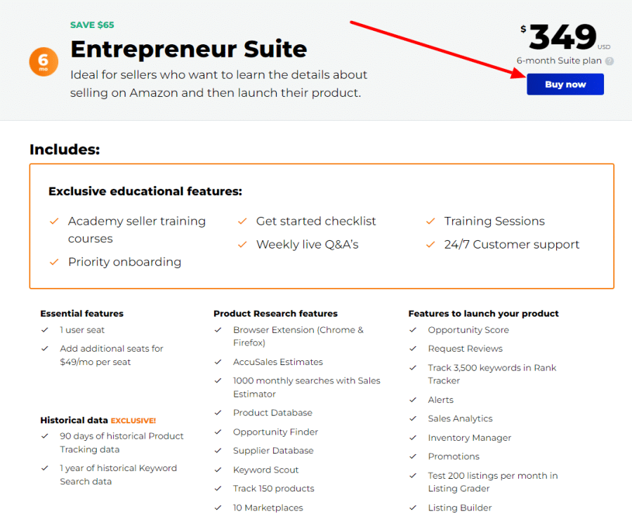 Jungle Scout pricing for entrepreneur suite