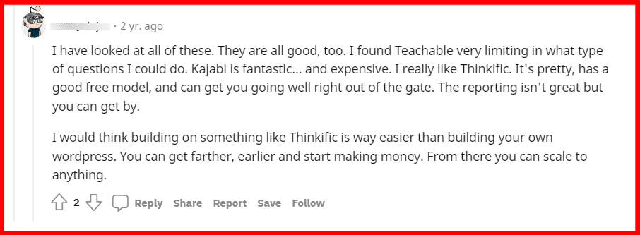 Reddit user comment on Thinkific vs Teachable