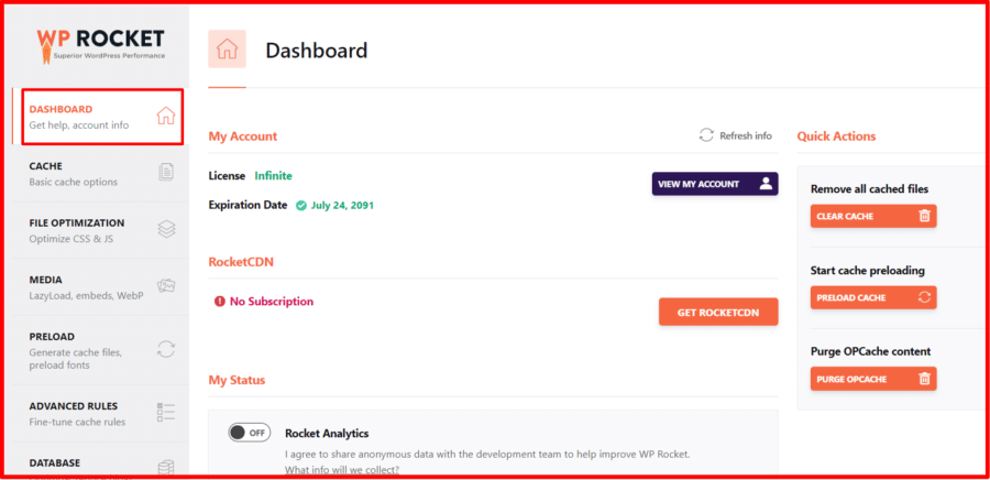 WP Rocket Dashboard Overview