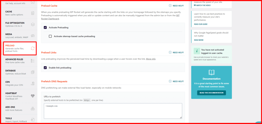 WP Rocket Preloading Settings