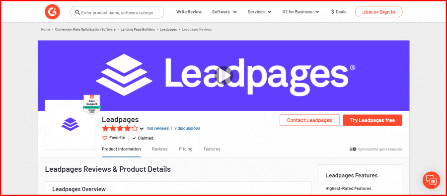 Leadpages customer reviews on G2