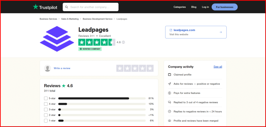 Leadpages customer reviews on Trustpilot