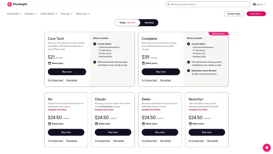 pluralsight individual plan pricing on yearly basis