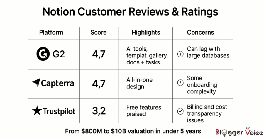 Infographic comparing Notion’s customer ratings and reviews on G2, Capterra, and Trustpilot, highlighting scores, pros, and concerns.