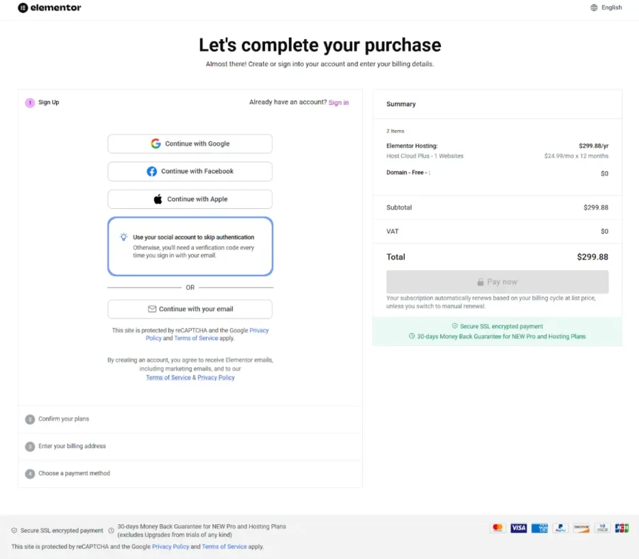 elementor cloud hosting checkout page