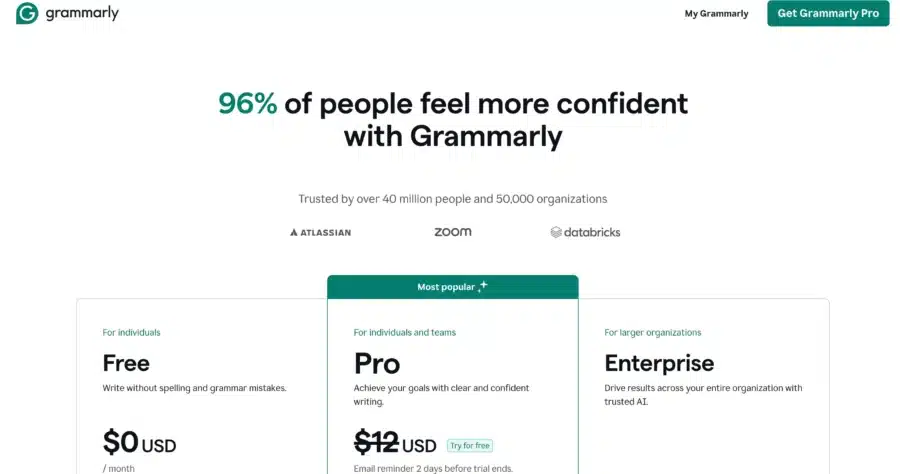 Grammarly pricing page