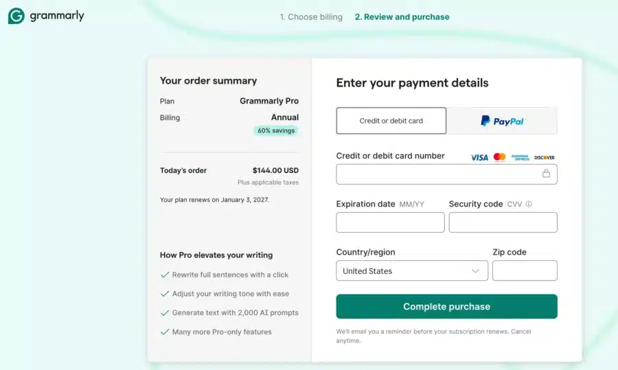 Grammarly payment page