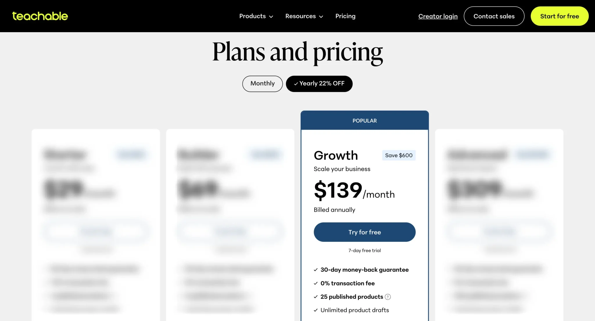 Business Teachable Pricing plans