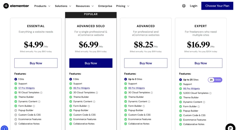elementor pro pricing page