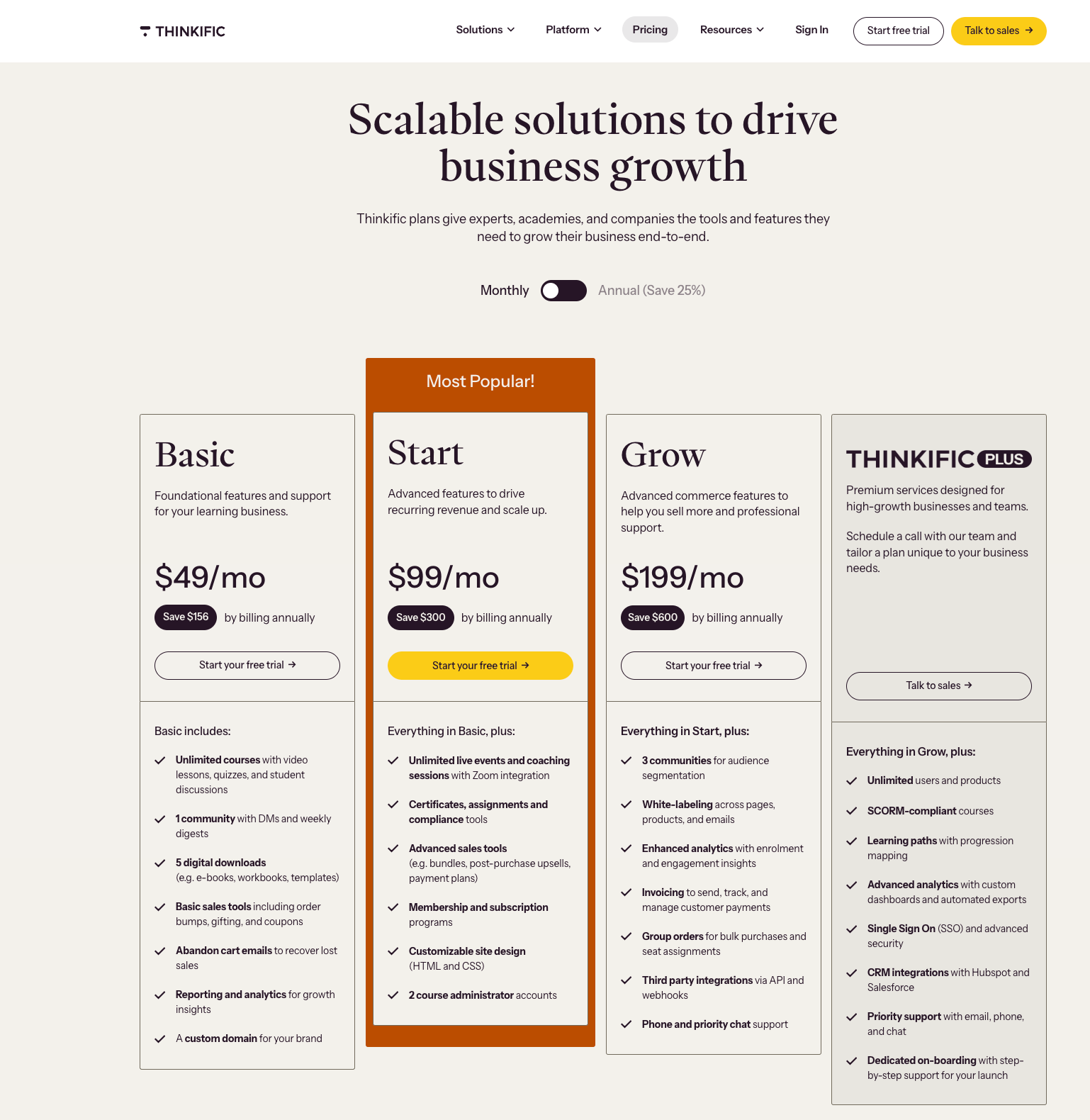 thinkific pricing plans