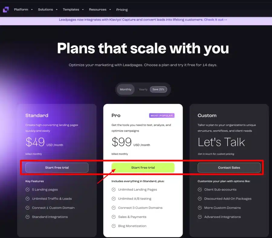 Leadpages Pricing start free trial