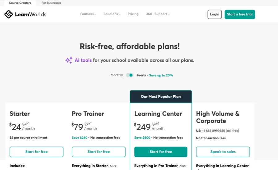 LearnWorlds yearly pricing
