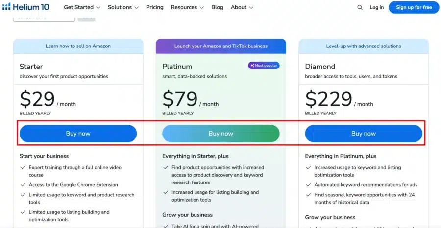 helium 10 pricing page
