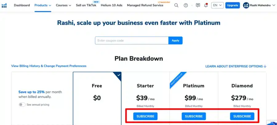 helium 10 pricing plans to upgrade