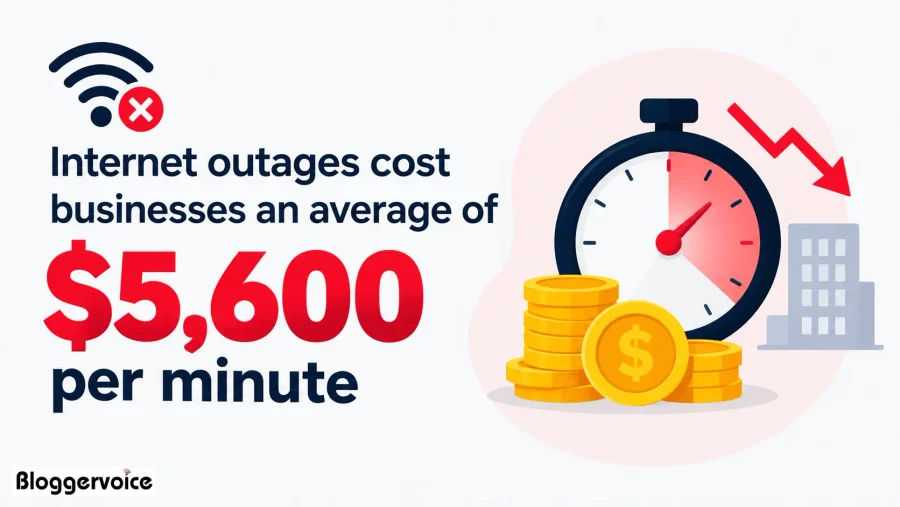Internet outages cost businesses an average of 5,600 US dollars per minute, shown with a stopwatch, gold coins and a falling red arrow
