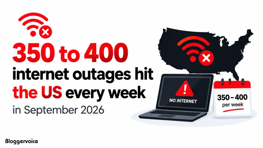 350 to 400 internet outages hit the US every week in September 2026, shown with a US map, a laptop displaying no internet and a weekly calendar