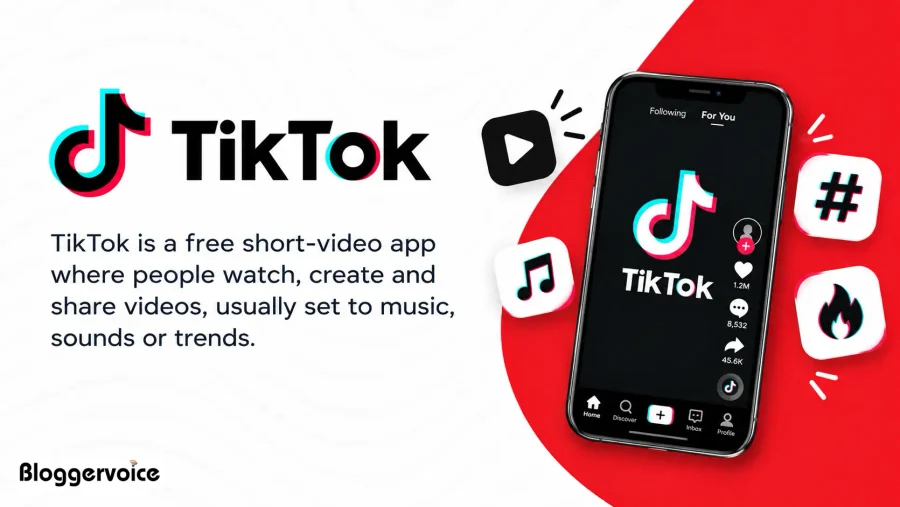 TikTok is a free short-video app where people watch, create and share videos set to music, sounds or trends, shown with the TikTok app on a phone