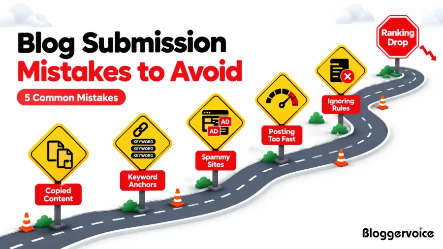 Common blog submission mistakes to avoid, like copied content, keyword anchors, spammy sites and posting too fast