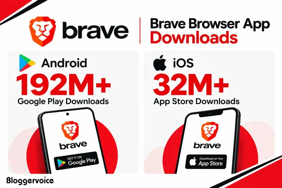Brave browser app downloads showing 192M+ Google Play downloads on Android and 32M+ App Store downloads on iOS