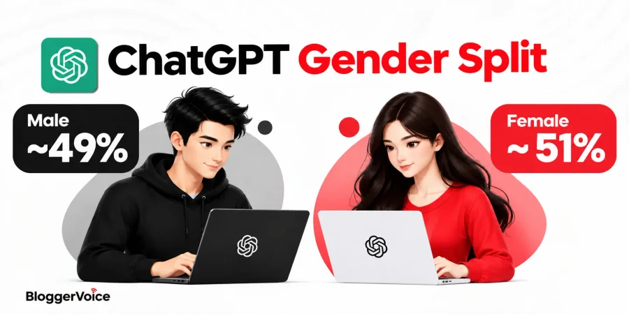 ChatGPT gender split infographic showing about 49% male and 51% female users