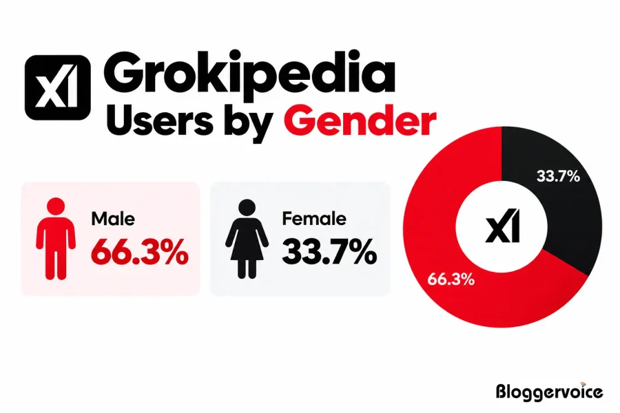 Grokipedia users by gender showing 66.3% male and 33.7% female visitors in 2026