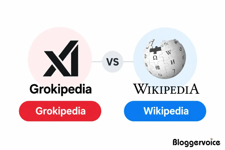 Grokipedia vs Wikipedia comparison showing the xAI Grokipedia logo next to the Wikipedia puzzle globe logo