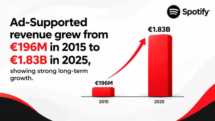 Spotify ad-supported revenue grew from €196 million in 2015 to €1.83 billion in 2025