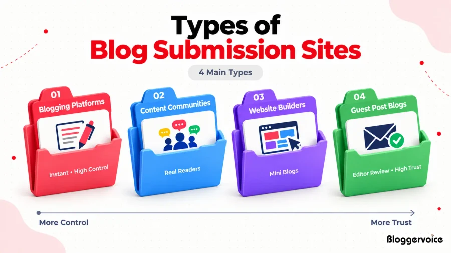 4 types of blog submission sites: blogging platforms, content communities, website builders and guest post blogs