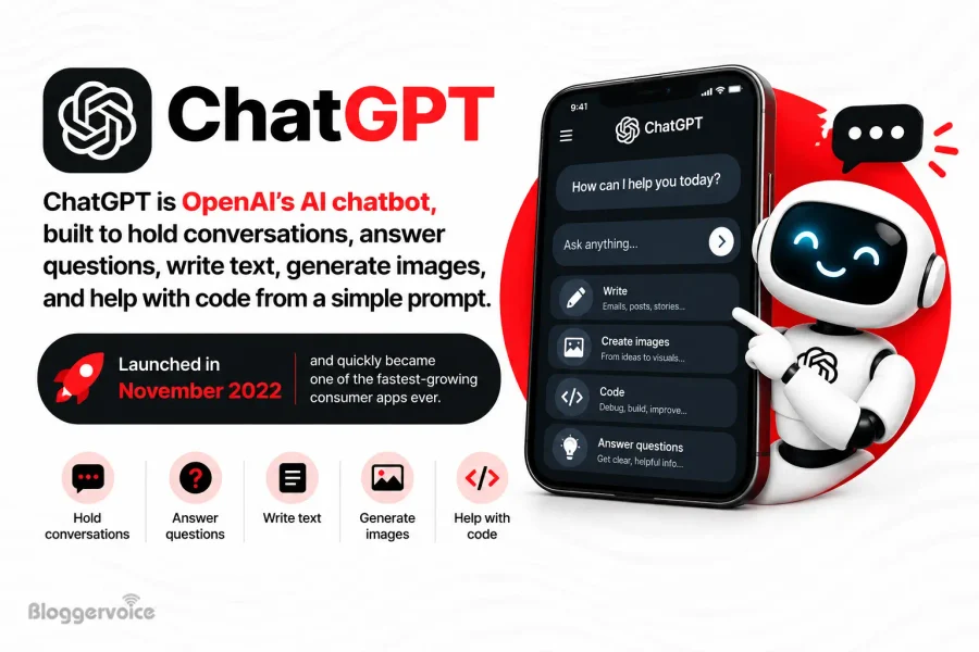 ChatGPT infographic explaining OpenAI's AI chatbot, launched in November 2022, which can hold conversations, answer questions, write text, generate images, and help with code