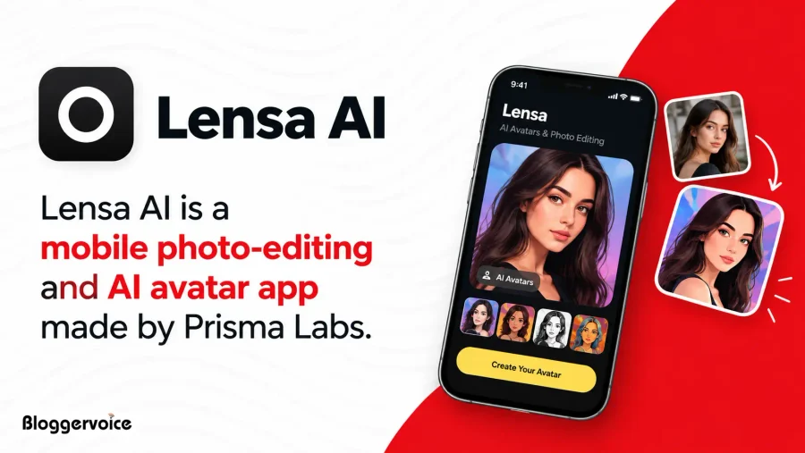Lensa AI explained as a mobile photo-editing and AI avatar app made by Prisma Labs, showing a selfie turned into an AI avatar