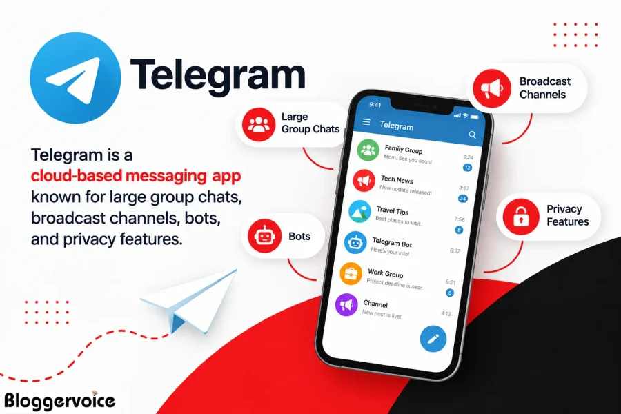 Telegram explained as a cloud-based messaging app known for large group chats, broadcast channels, bots, and privacy features